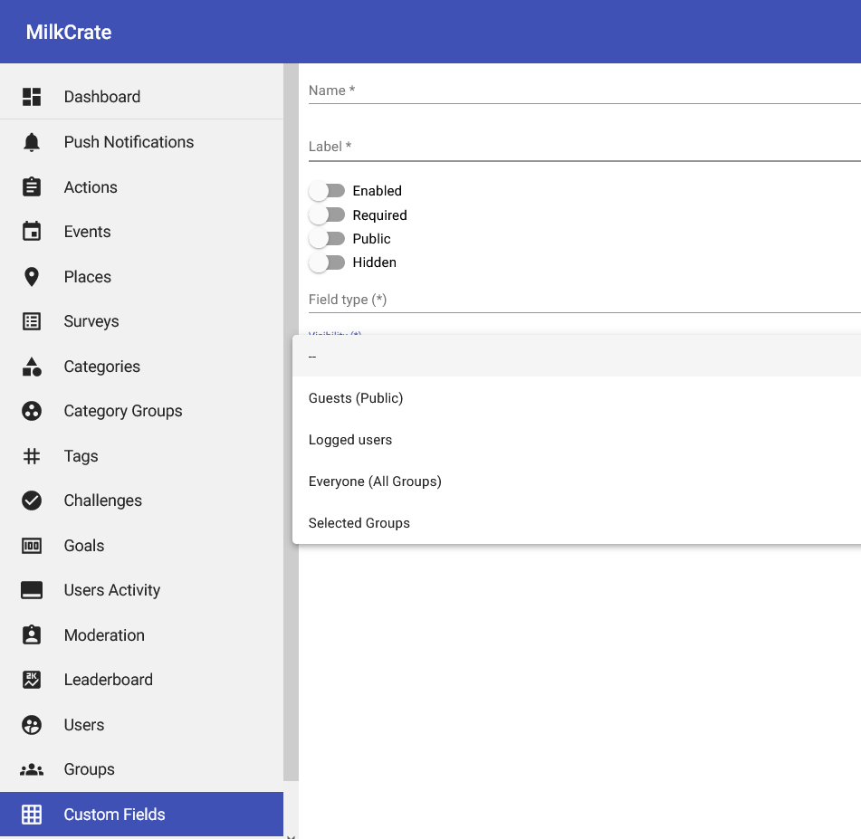 Admin - Custom Fields - Visibility Dropdown